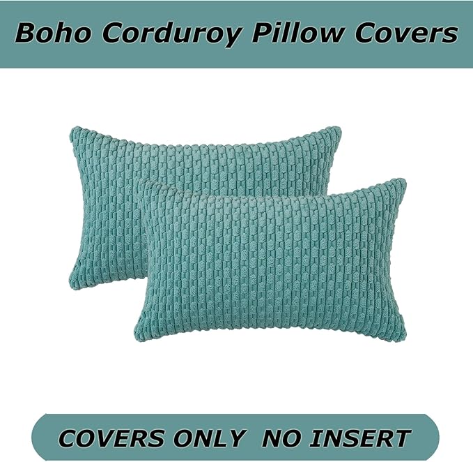 Kevin Textile Throw Pillow Covers Soft Corduroy Decorative Set of 2 Boho Striped Pillow Covers Pillowcases Farmhouse Home Decor for Couch Bed Sofa Living Room 12x20 Inch Aqua Green
