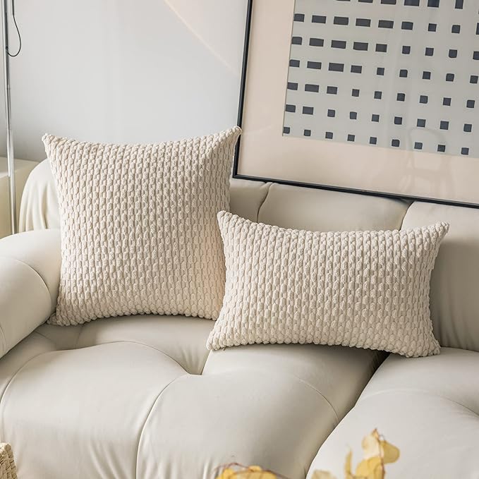 Kevin Textile Set of 2 Decorative Pillow Cover Solid Striped Corduroy Plush Velvet Boho Cushion Cover for Couch 50cm 20 x 20 Inch Cream