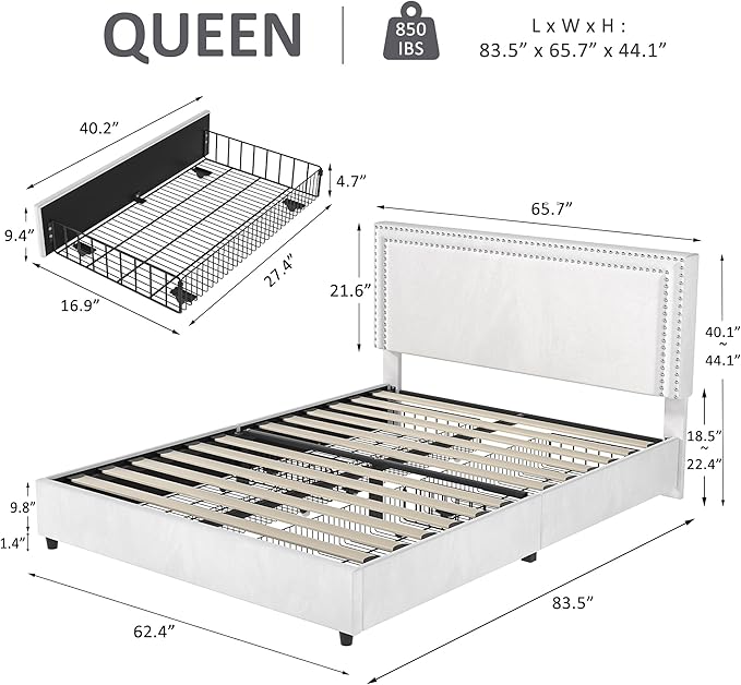 VECELO Queen Size Upholstered Platform Bed Frame with 4 Storage Drawers, Adjustable Velvet Rivets Headboard, Wooden Slats Support, No Box Spring Needed, Easy Assembly
