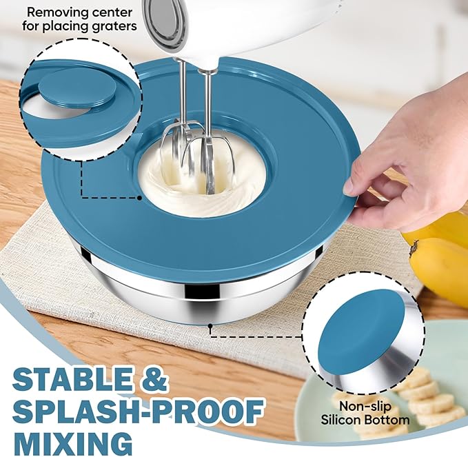 E-far 25PCS Mixing Bowls with Lid Set, Stainless Steel Nesting Prep Bowls with Grater Attachments Non-Slip Bottoms for Cooking, Baking, Serving, Food Storage, 4.6/2.6/2/1.5/1/0.7QT - Blue