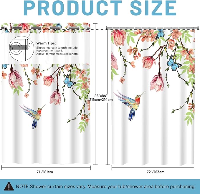 No Hook Shower Curtain with Snap in Liner - Hummingbird Shower Curtain - Fabric Waterproof Inner Liner, Plants Pink Floral Blue Nature Birds Cloth Shower Curtains Washable, 71 x 86