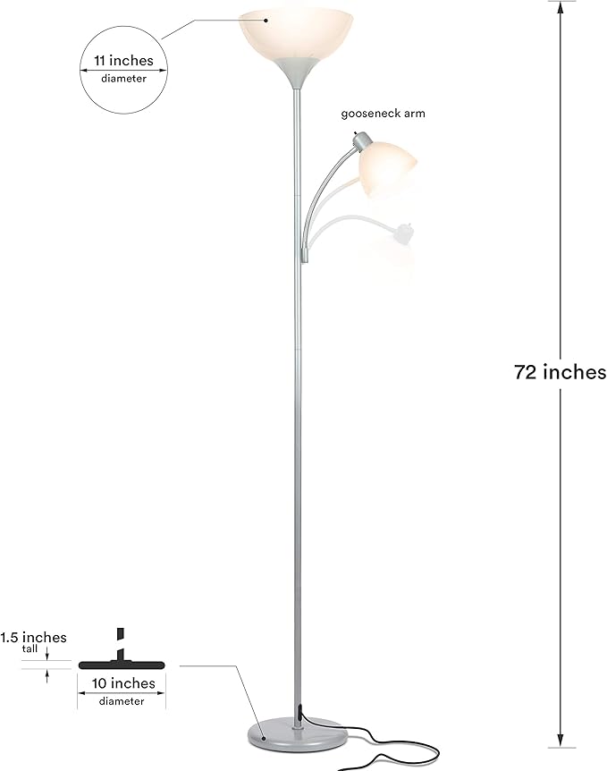 Brightech Sky Dome Plus LED Floor lamp, Torchiere Super Bright Floor Lamp with Reading Lamp for Living Rooms & Offices - Dimmable Tall Standing Lamp for Bedroom Reading - Silver