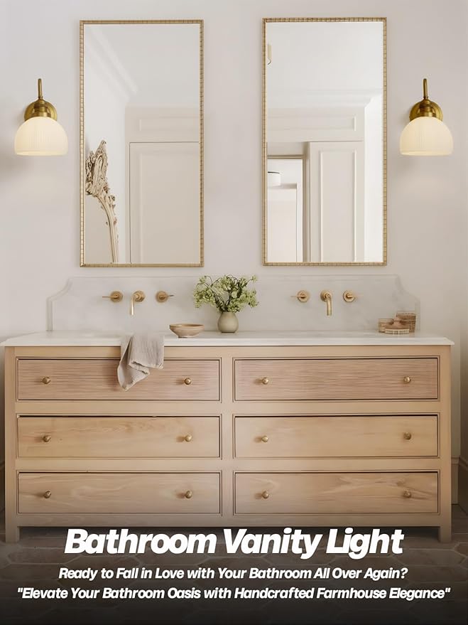Gold Wall Sconces,Hardwire Bathroom Vanity Light with Striped Bowl Milk Glass Vintage Brass Wall Mounted lamp Lights for Bathroom Mirror Living Room Bedroom Kitchen E26 Indoor