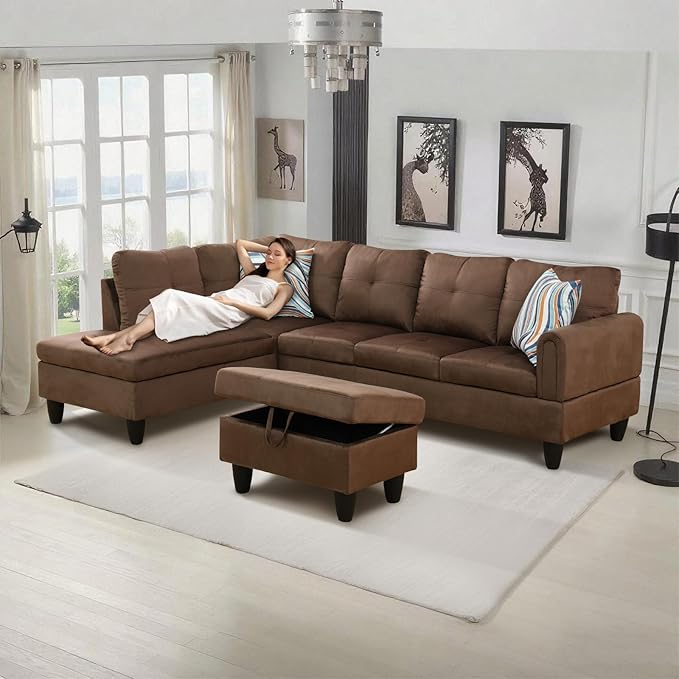 L-Shape 3-Piece Cloud Sofa, Couch for Living Room, Chocolate Flannel Fabric L-Shape with Reversible Chaise & Storage Ottoman, Ergonomic 110–115° Recline, Solid-Wood Frame