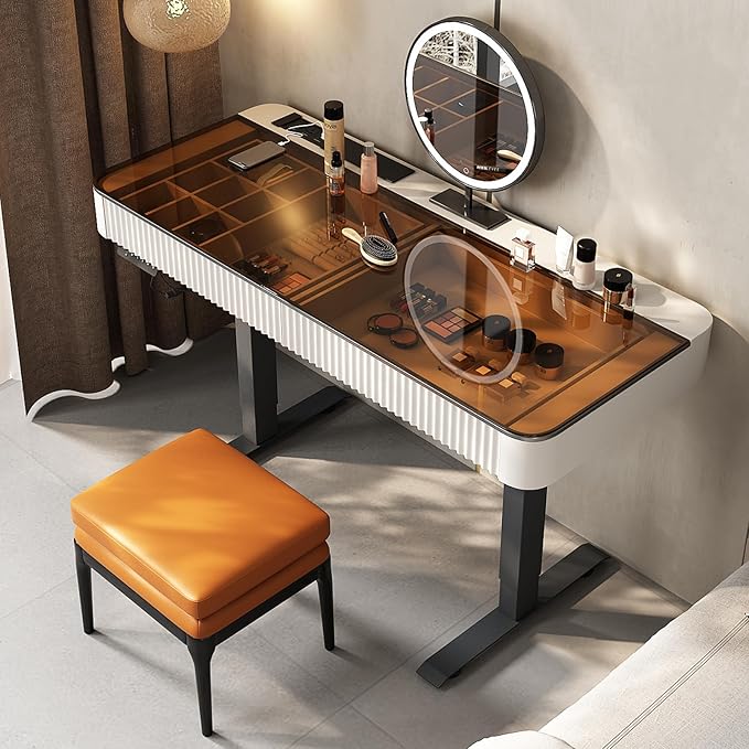 Lartis Vanity Table with Stool,Electric Lift Vanity Desk,Vanity Set，Up and Down Desk, Standing Vanity with Drawer (Ivory White, 47 in)