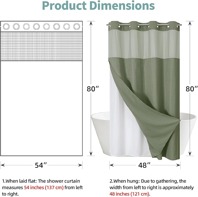 Stall SageGreen No Hook Waffle Weave Shower Curtain with snap-in Liner Replacement, 230GSM Waterproof Fabric Hotel Shower Curtain Set for Bathroom, Through Mesh Top Window,54Wx80H