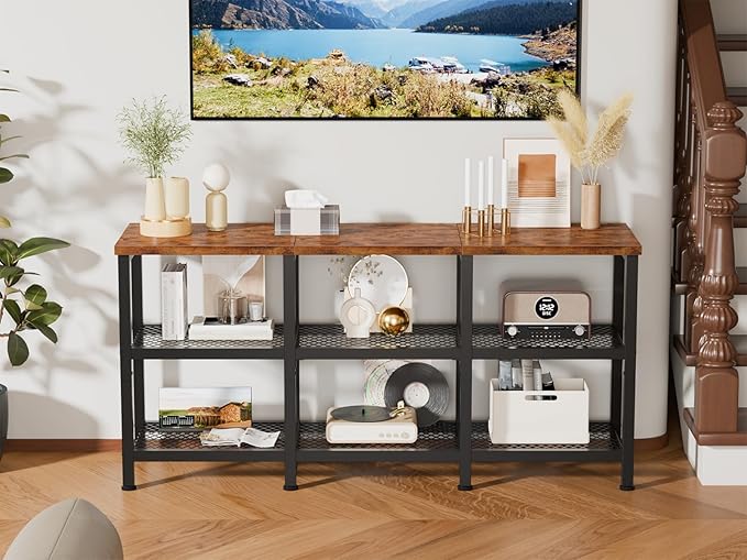 Furologee TV Stand, Small Media Console Table with 3-Tier Storage Shelves, Industrial Entertainment Center for TVs up to 50 Inch, Television Stands for Living Room, Bedroom, Rustic Brown