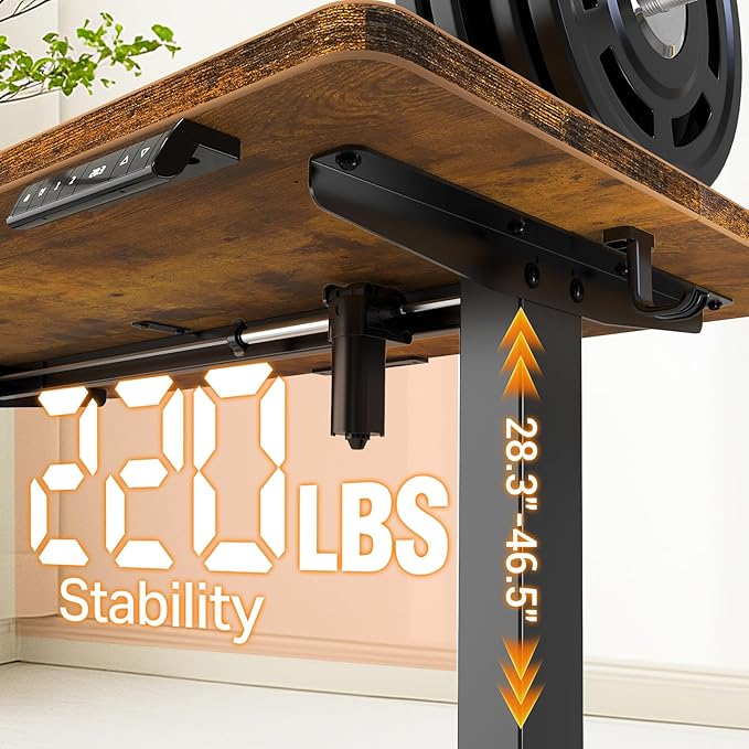 Veken 47.2" Standing Desk, Adjustable Height Office Desk with Wood Desktop, Computer Table for Home Work, Study and Gaming, Small Spaces, Modern Furniture，Brown