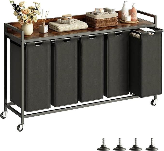 Laundry Hamper with Shelf, Laundry Basket 5 Section, Laundry Sorter with Pull-Out Removable Large Bags and Movable Wheels, Metal Frame, 5 x 15.87 Gallons (60L), Rustic Brown + Blck PF08XLY