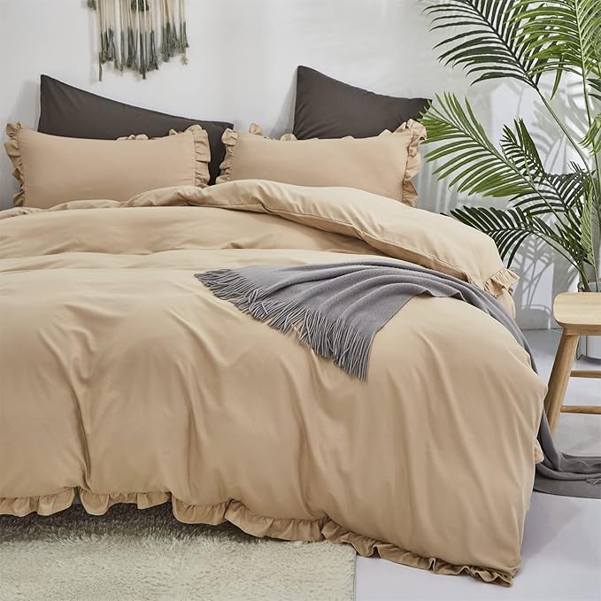 Luxlovery Champagne Ruffle Comforter Set Twin Light Khaki Bedding Comforter Farmhouse Shabby Beige Friange Quilts Blanket Soft Breathable Vintage Rustic Bedding Comforter Set for Women Men