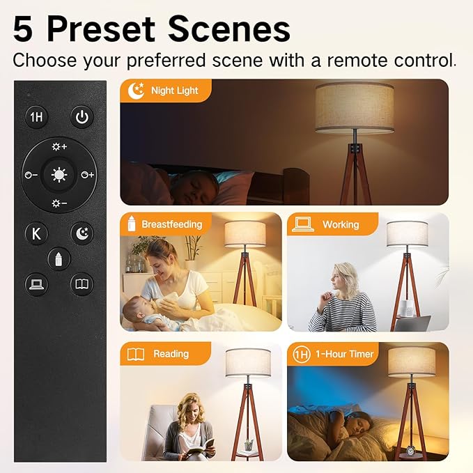 OUTON Dimmable Wood Tripod Floor Lamp with Shelves, Remote Control, Mid Century Modern Standing Lamp 58.5" for Bedroom, Living Room, and Office, Flaxen Lamp Shade Include E26 9W Bulb