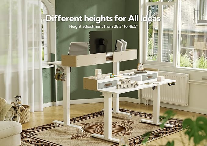 Claiks Standing Desk with Drawers, Adjustable Stand Up Electric Standing Desk Adjustable Height with Storage Shelf and Splice Board, 59 Inch, White