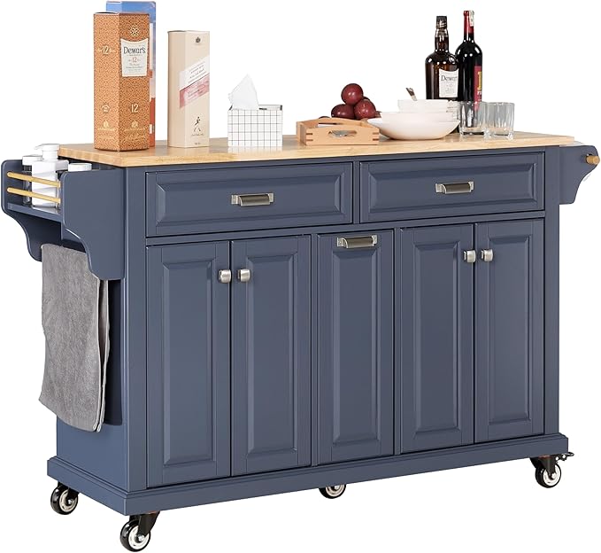 Generic Cambridge Mobile Kitchen Island on Wheels with Storage and Wood top, Rolling Island with Spice Rack and Towel Holder, 60.5 Inch Width Island Table for Kitchen, (Blue), Large