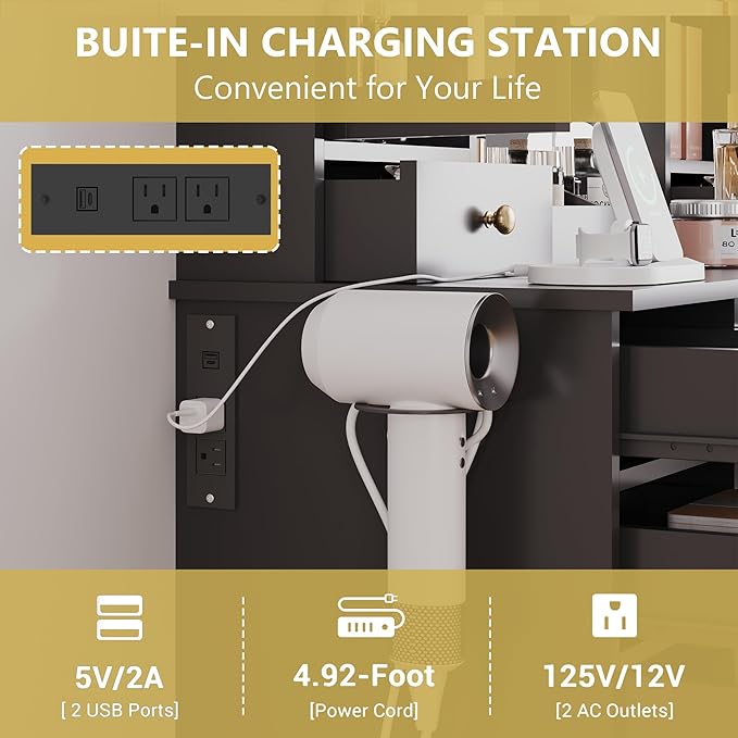 Makeup Vanity Desk with Mirror & LED Lights, Storage Drawers, Charging Station, Cabinets & Stool, Large Dressing Table with RGB Ambient Lighting for Bedroom & Vanity Room