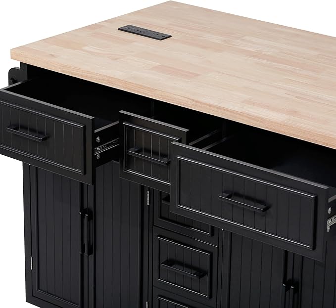 Merax 56.5" Kitchen Island with Drop Leaf, Power Outlet, Embossed Vertical Stripe Rolling Kitchen Cart on Wheels with 4 Doors, 5 Deep Drawers and Adjustable Shelves for Dining Room, Black