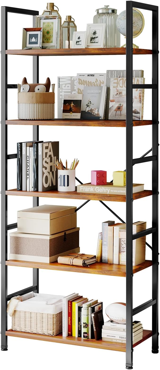 Sweetcrispy Book Shelf, 5 Tier Bookcase, Modern Tall Bookshelf Corner Storage Organizer for Garage Kit, CDs, Movies Suitable Home Office Bedroom, Kitchen, Living Room - Brown