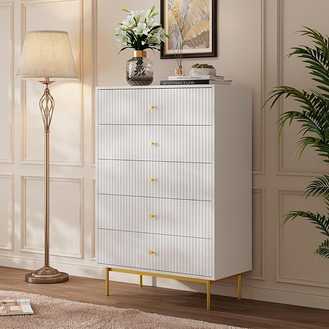 5 Drawer Dresser for Bedroom, Tall Dresser Chest of Drawers with Gold Handles, Wood Storage Cabinet for Bedroom, White
