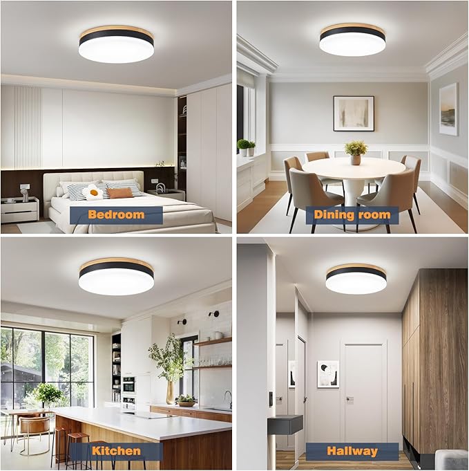 Modern Wood Led Ceiling Lights with Remote, Dimmable 11.8in Black Flush Mount Ceiling Light, 24W 3000K-6000K Light Color Adjustable, 2200LM Round Ceiling Lamp for Bedroom, Kitchen, Hallway