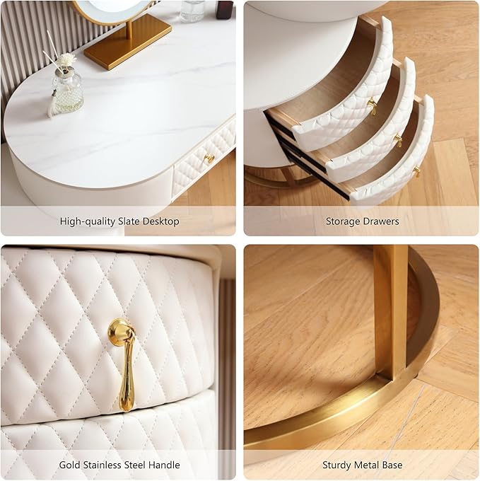 Faux Leather Makeup Vanity Desk Set with LED Lighted Mirror Luxury Dressing Makeup Table with Storage Drawers & Vanity Stool, White