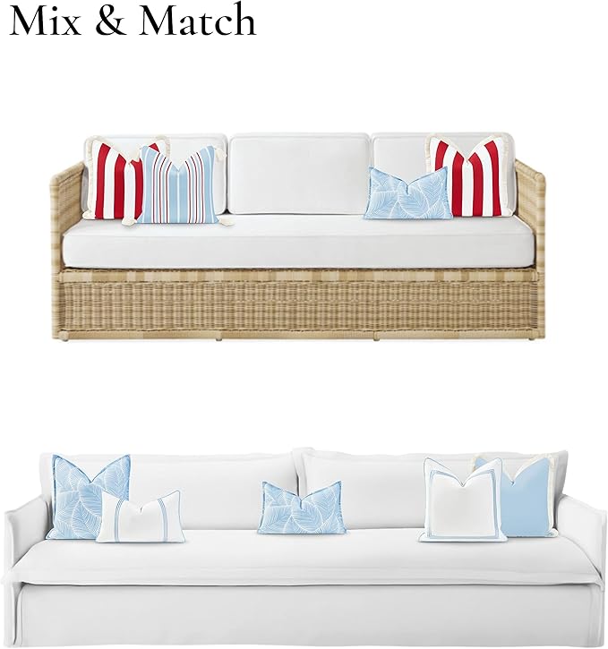 Hofdeco Premium Coastal Hampton Style Patio Indoor Outdoor Lumbar Pillow Cover Only, 12"x20" Water Resistant for Backyard, Couch, Baby Blue Palm Leaf