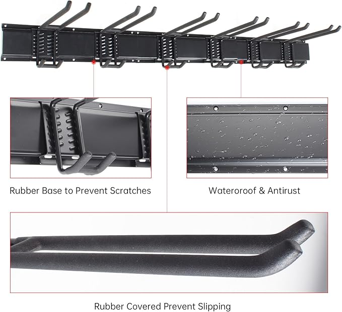 Garage Storage Rack Hooks, 48 Inch Heavy Duty Wall Mount Garage Organization with 3 Rails and 6 Adjustable Double Wall Hooks,Hanging Shelves for Garden Tool/Broom/Mop(Black)