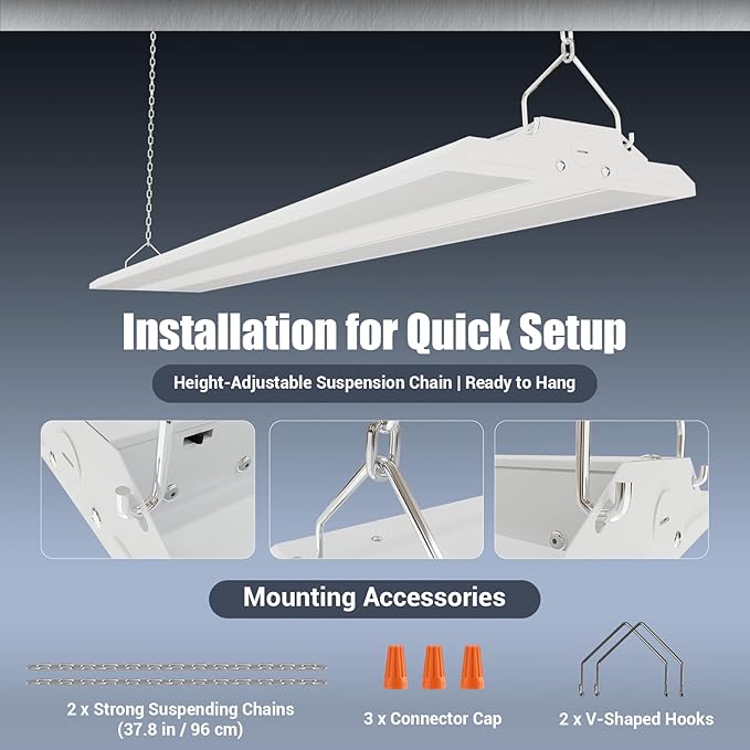 4-Pack 300W LED Linear Shop Lights, 45000LM Led High Bay Lights 5000K Daylight 120-277V, Led Garage Light for Shop Workshop Store Commercial Supermarket Warehouse Basement Exhibition Room ETL