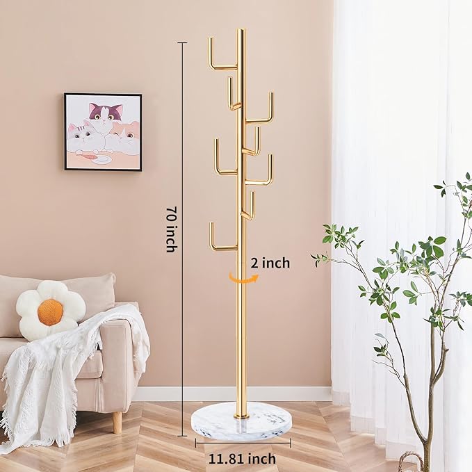 ZOZOE Metal Modern Coat Racks, Cactus Coat Rack Freestanding with Natural Marble Base, Golden Coat Rack Stand with 8 Hooks, Coat Tree Hanger Stand for Bags, Hats, Entryway, Office