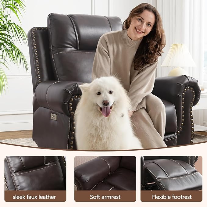 ANJ Electric Power Recliner Chair with USB Ports, Set of 2, Breathable Faux Leather Oversized Recliner with Comfortable Arms, Back and Headrest, Single Sofa for Living Room, Dark Brown