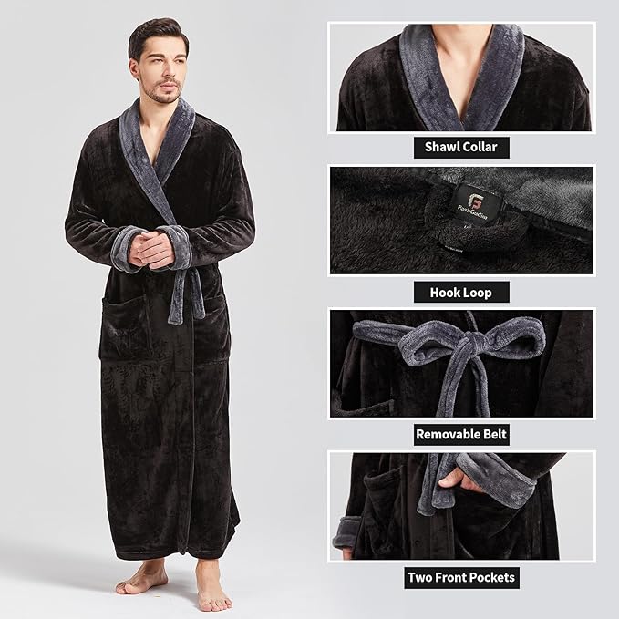 FashGudim Mens Robes Big and Tall Full Length Plush Fleece Long Robe for Men Bathrobe Shawl Collar Warm Winter House Robes