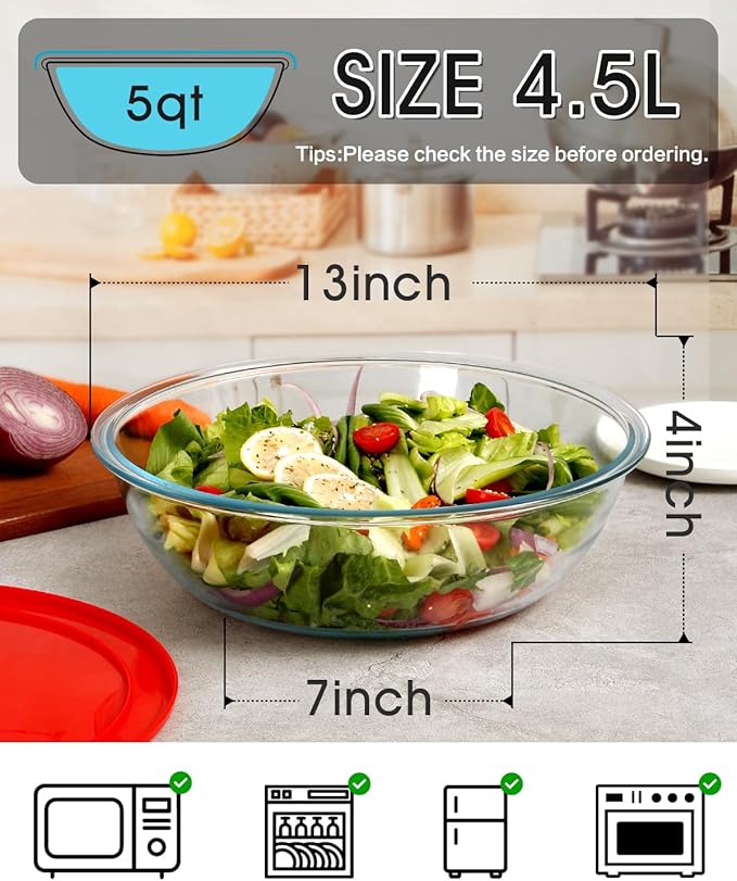 NUTRIUPS 4.76 Quart Large Glass Salad Bowl with Lid, Large Mixing Bowl for Pasta and Serving