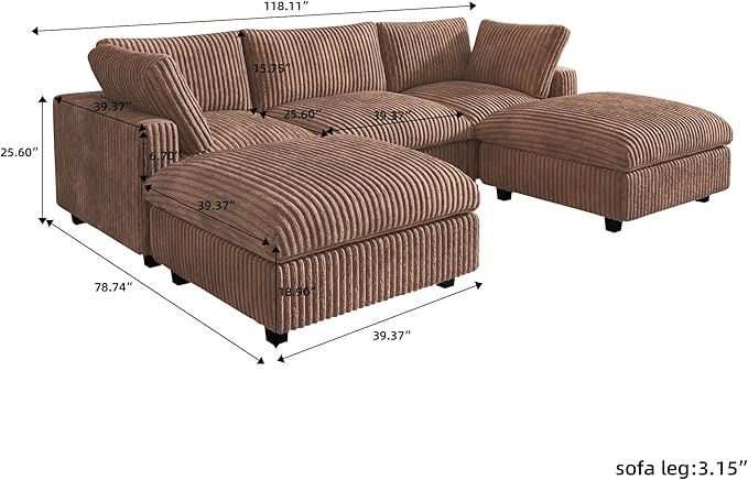 JACH 118" U Shape Modular Sofa for Living Room, Convertable Sectional Couch with Chaise Ottomans, Modern Deep Seat Sofas, Sofa Covers Washable, Minimalist Plush Couch for Living Room, Apartment, Brown