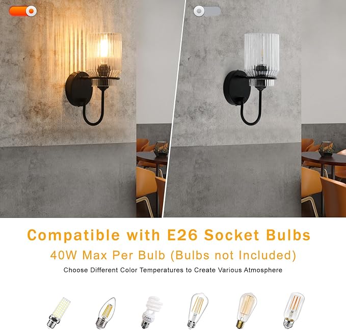 Modern Farmhouse Wall Sconces Set of 2, Black Bathroom Sconces with Clear Glass Shade, Vanity Lights for Bedroom Living Room Bathroom Hallway Stairwell