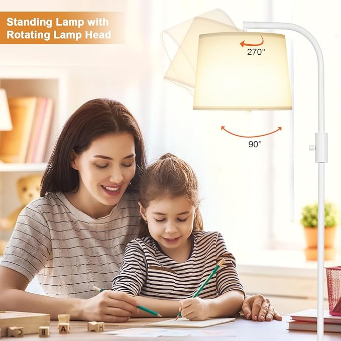 Ambimall Fully Dimmable Floor Lamp - Floor Lamps 9W LED Light Bulbs, Standing Lamps for Living Room with Adjust Head, Modern Standing Light Rotary Switch, Tall Lamp for Bedroom(White and White)