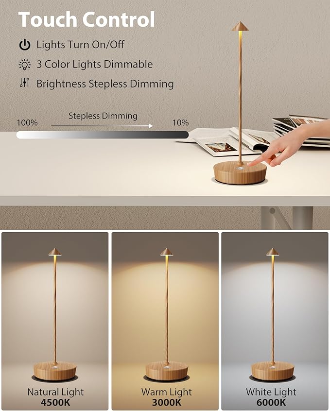 Cordless Table Lamps Rechargeable, 6000mAh Battery Operated LED Desk Lamp Outdoor Waterproof Portable Touch Dimmable Table Light for Patio Restaurant Dining Home Set of 2 Wooden