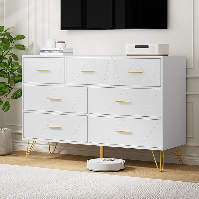 White Dresser for Bedroom, 7 Drawer Dresser with Golden Handles, Wood Modern Chest for Hallway, Entryway