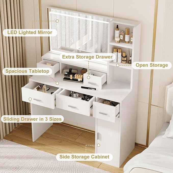 Vanity Desk with Mirror and Lights, Vanity with Soft and Non-Dazzling Lighting,Makeup Vanity with Drawers for Bedroom Dressing Room, Women Girls (White)
