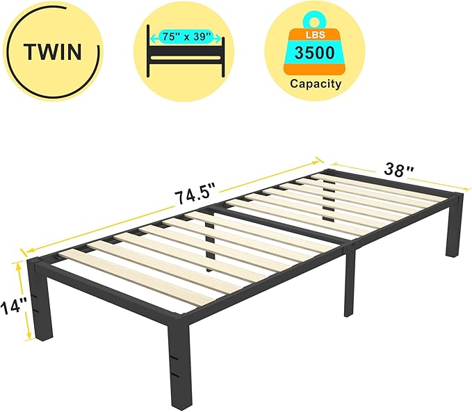 ROIL 14 inch Twin Size Bed Frames with Wide Wood Slats - 3500lbs Heavy Duty No Box Spring Needed Platform, Mattress Stoppers Single Metal Noise Free, Headboard Hole Underneath Storage