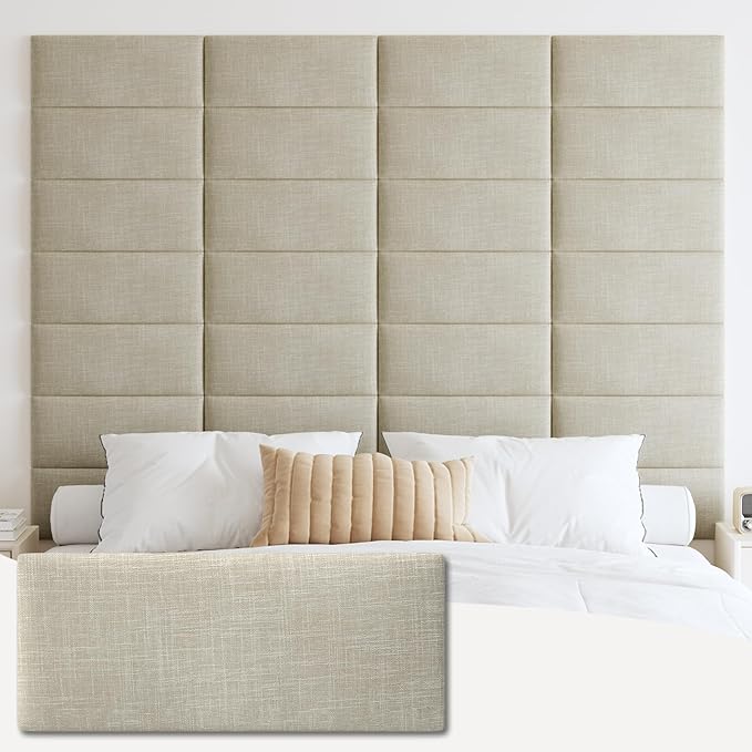 IFNOW Upholstered Wall Mounted Headboard, 3D Soundproof Wall Panels Peel and Stick for Queen Size, Reusable and Removable Tufted Bed Headboard in Beige (9 Panels, 10" x 24")
