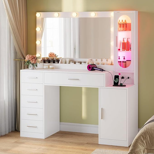 Makeup Vanity Desk with Large 31.5" Mirror and Lights, 46.1" Vanity with RGB Lights & Charging Station, Vanity Table with 6 Drawers & Cabinet & Shelves, White