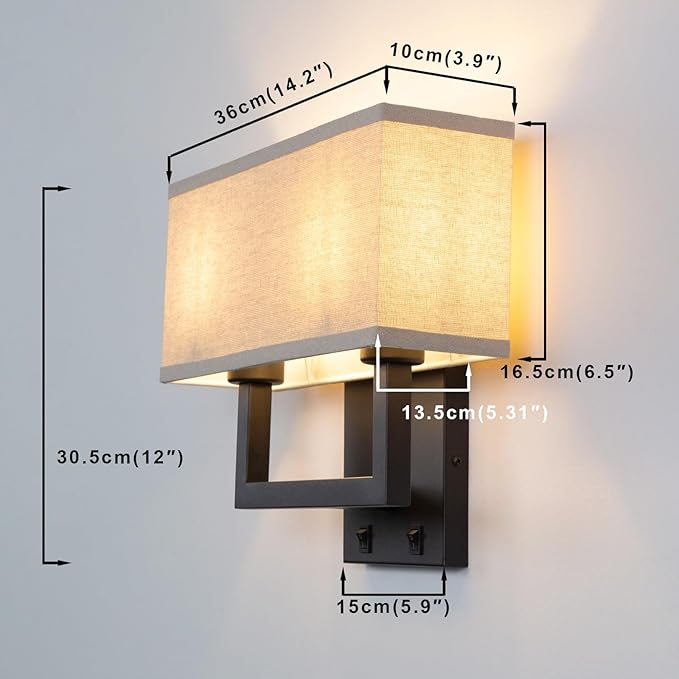Yosoan Linen Fabric Boho Wall Sconce Bedside Light with On Off Switch, 2-Light Finished Hardwired Vintage Industrial Dual Wall Mount Lamp Lighting Square Shade for Bedroom Living Room Stairwell(Black)
