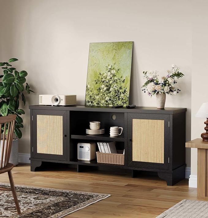 GAOMON Rattan TV Stand Fits TVs Up to 70 Inches, Farmhouse Entertainment Center with Cabinets and Open Shelves, Wooden Media Console Table for Living Room, Black