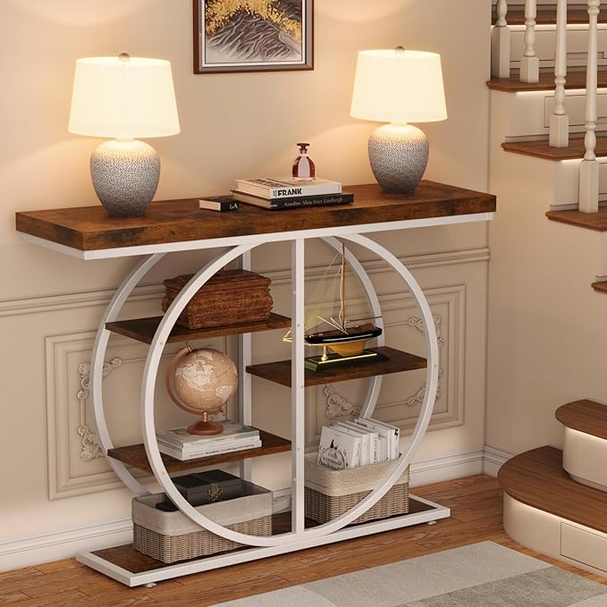 41.3" Console Table for Entryway, Industrial Hallway Sofa Table with Storage Shelves, Narrow Accent Decor Living Room Furniture with Circle Base for Foyer, Entrance, Brown White