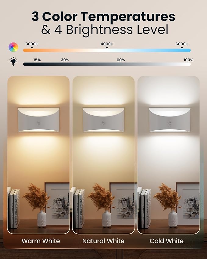 Brightown Battery Powered Wall Sconces Set of Two, Rechargeable Magnetic Wall Sconce with Remote Control, 3 Colors Wireless Up and Down Wall Mount Light for Hallway Bedroom Bedside Living Room(White)