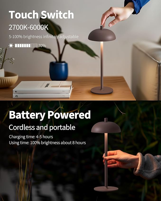 Cordless LED 12" Small Table Lamps Set of 2, Modern Portable Desk Lamp, 3 Color Dimming Rechargeable Battery Lights, for Bedroom, Outdoor, Restaurant, Bedside, Baby Night Light, Gifts (Brown)