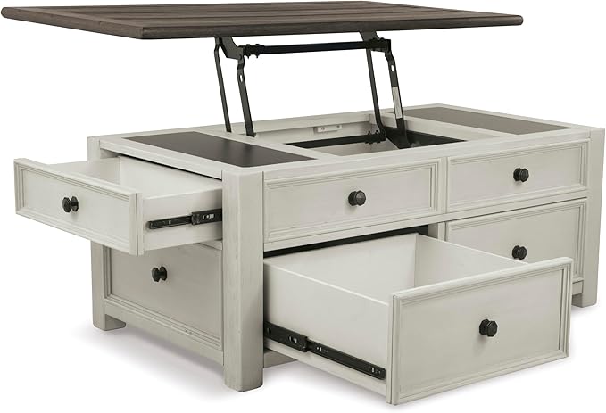 Signature Design by Ashley Bolanburg Farmhouse Lift Top Coffee Table with Drawers, Antique Cream & Brown