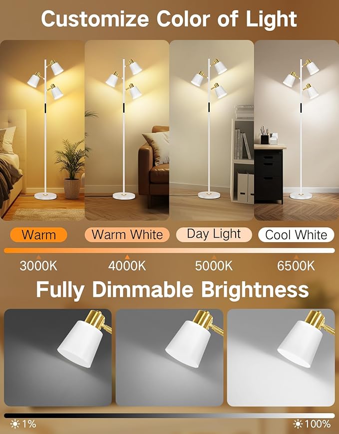 OUTON LED Tree Floor Lamp, Modern Dimmable Standing Lamp with Remote & Touch Control, 4 Color Temperatures, 3 Rotatable Lights Floor Lamps for Living Room, Bedroom, Office, White & Gold