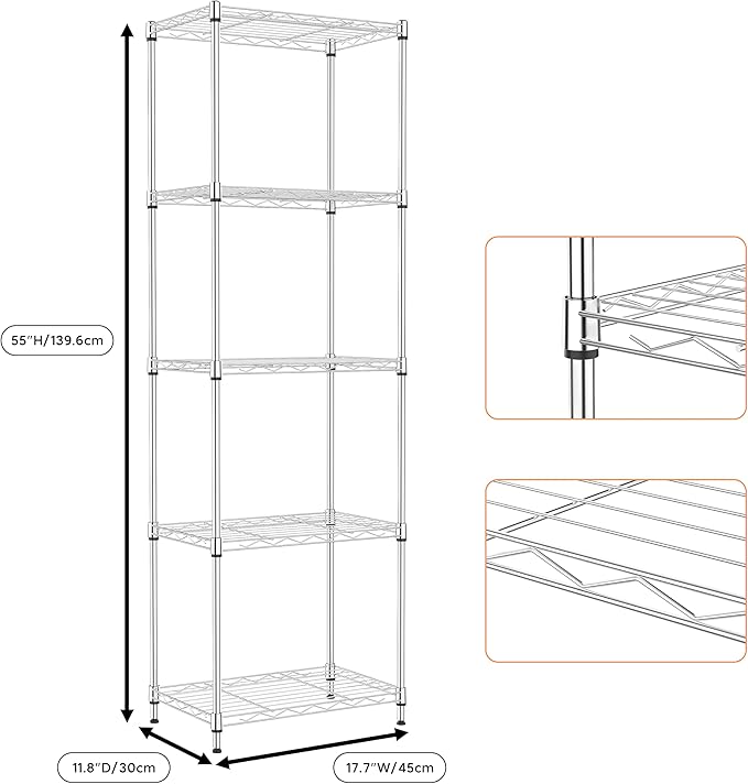 5 Tiers Shelf Metal Storage Shelves Wire Rack Closet Organizers with Wheel for Garage Kitchen Bathroom Laundry Chrome 11.8" D x 17.7" W x 55" H