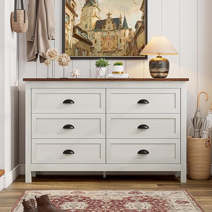 Wananlanen® Farmhouse Dresser for Bedroom, Antique Double Dresser & Chest of Drawer with Vintage Handle and Storage, Wooden Tall Rustic Organizer for Bedroom (Antique White, 6 Drawer)