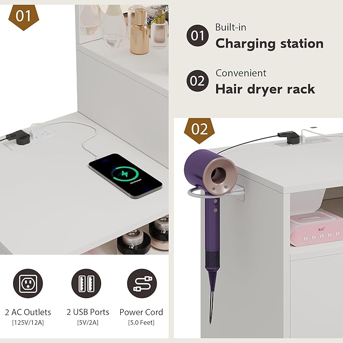 HAOBO Home Vanity Desk with Mirror and Lights, Makeup Vanity with Stool and Drawers Dressing Table with Power Outlet for Bedroom