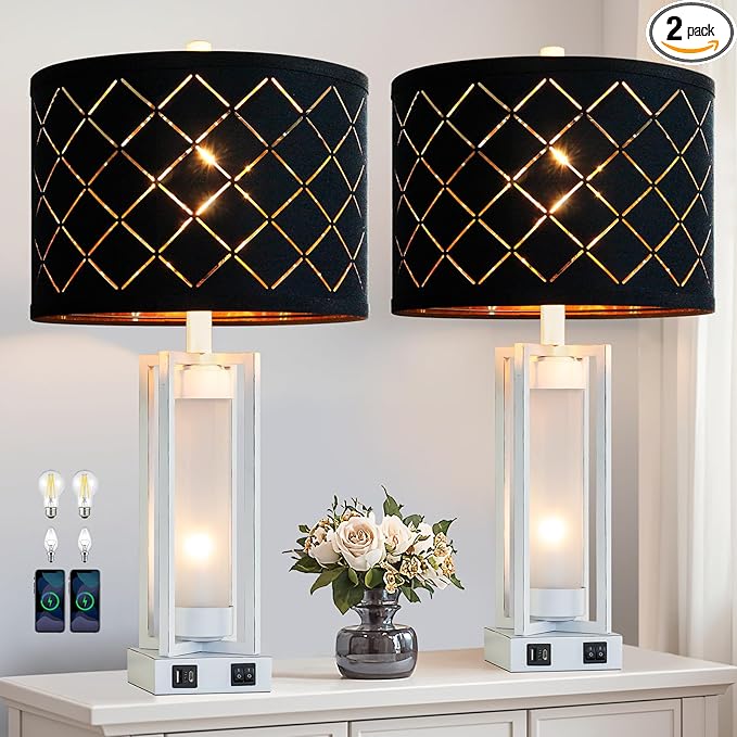 RORIANO 25" Set of 2 Farmhouse Table Lamps with USB C+A Ports, Rustic Retro Nightstand Lamps with White Night Light, Black Grid Shade, Desk Lamps for Bedroom Bedside, 4 Bulbs Included